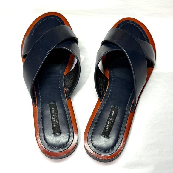 size 8/38 Lafayette 148 Vienna Womens Navy Leather Cross-Strap Slide Sandals - Picture 3 of 9